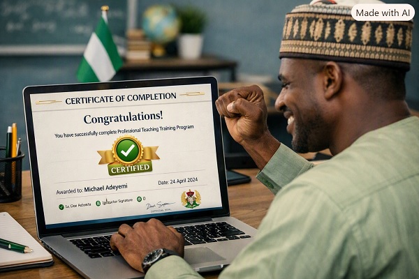 A Nigerian teacher using a laptop to complete an online professional training programme