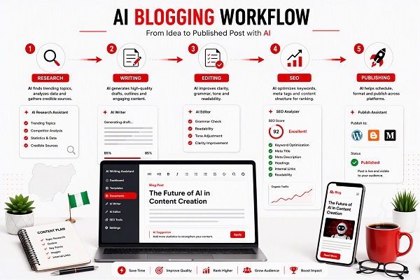 AI blogging workflow showing research → writing → editing → SEO → publishing