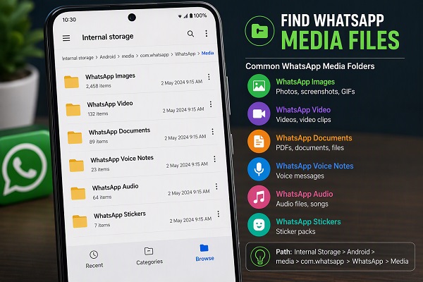 Android Files and Gallery interface showing WhatsApp media folders.