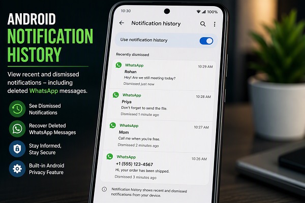 Android Notification History showing WhatsApp notifications.