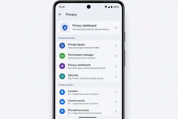 Android Privacy-Security settings showing Private Space, permissions and privacy controls.