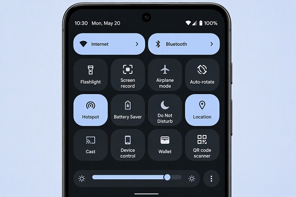 Android Quick Settings panel showing screen recording, hotspot, Bluetooth and other controls.