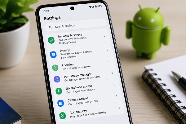 Android Settings screen showing security, privacy and permission options.