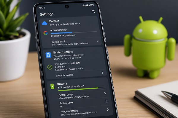 Android phone showing backup, updates and battery settings.