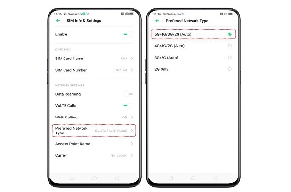 Checking 5G support in smartphone network settings