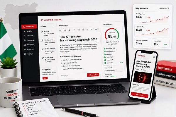 Laptop displaying AI writing and SEO tools alongside a smartphone and blog analytics