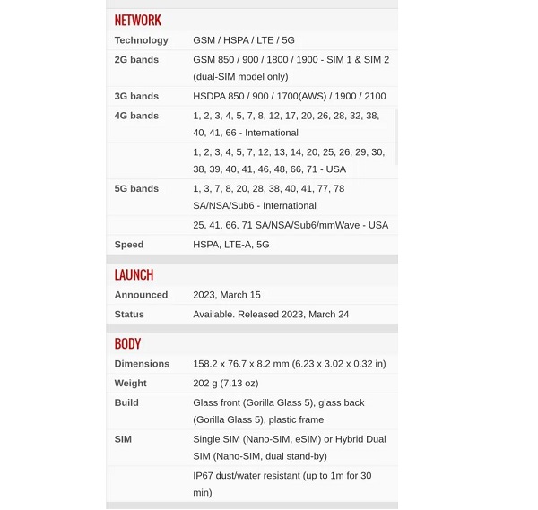 Smartphone specifications / model information showing network capabilities