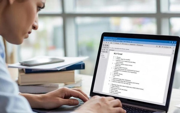 Student researching online sources and taking notes for an assignment