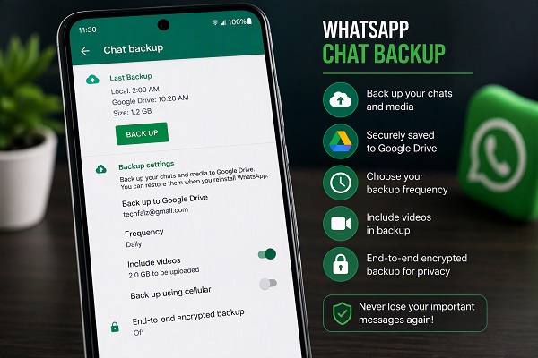 WhatsApp Chat Backup settings showing backup options