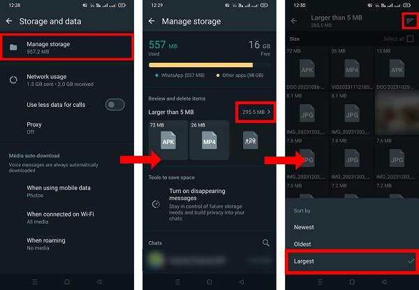 WhatsApp Manage Storage screen showing large files