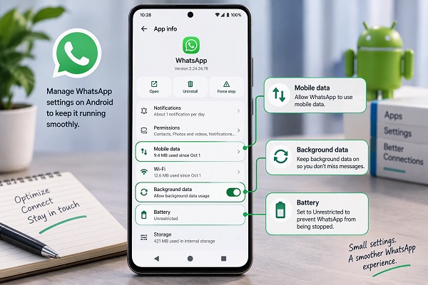 WhatsApp mobile data and battery settings on Android