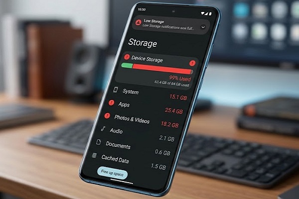 An Android phone's storage settings screen showing critically low storage