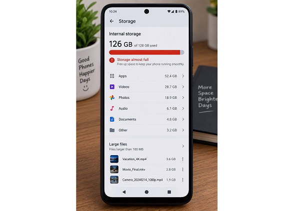 Android smartphone's Storage settings with the internal storage nearly full