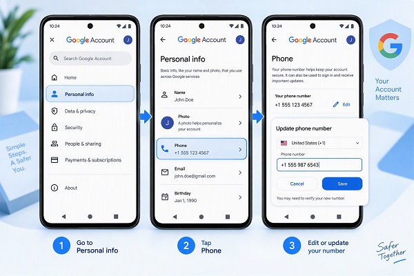 Change Google Account phone number on Android