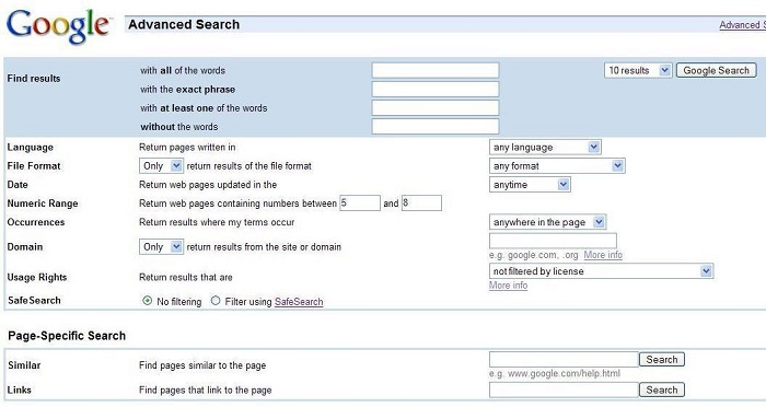 Google Advanced Search filters