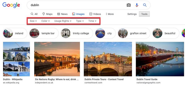 Google Search filters for images videos news and maps