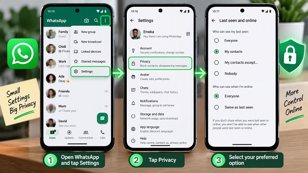 WhatsApp Privacy settings showing Last seen and online on Android